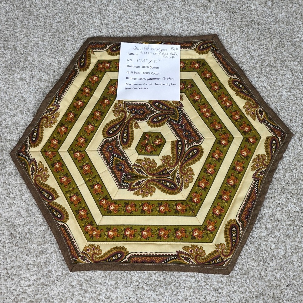 Quilted Hexagon Fall Placemat End Table Scarf Reversible Paisley Floral Brown